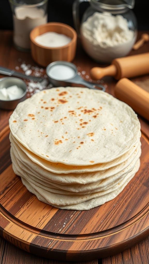 Freshly made flour tortillas stacked on a wooden board, ready for use.